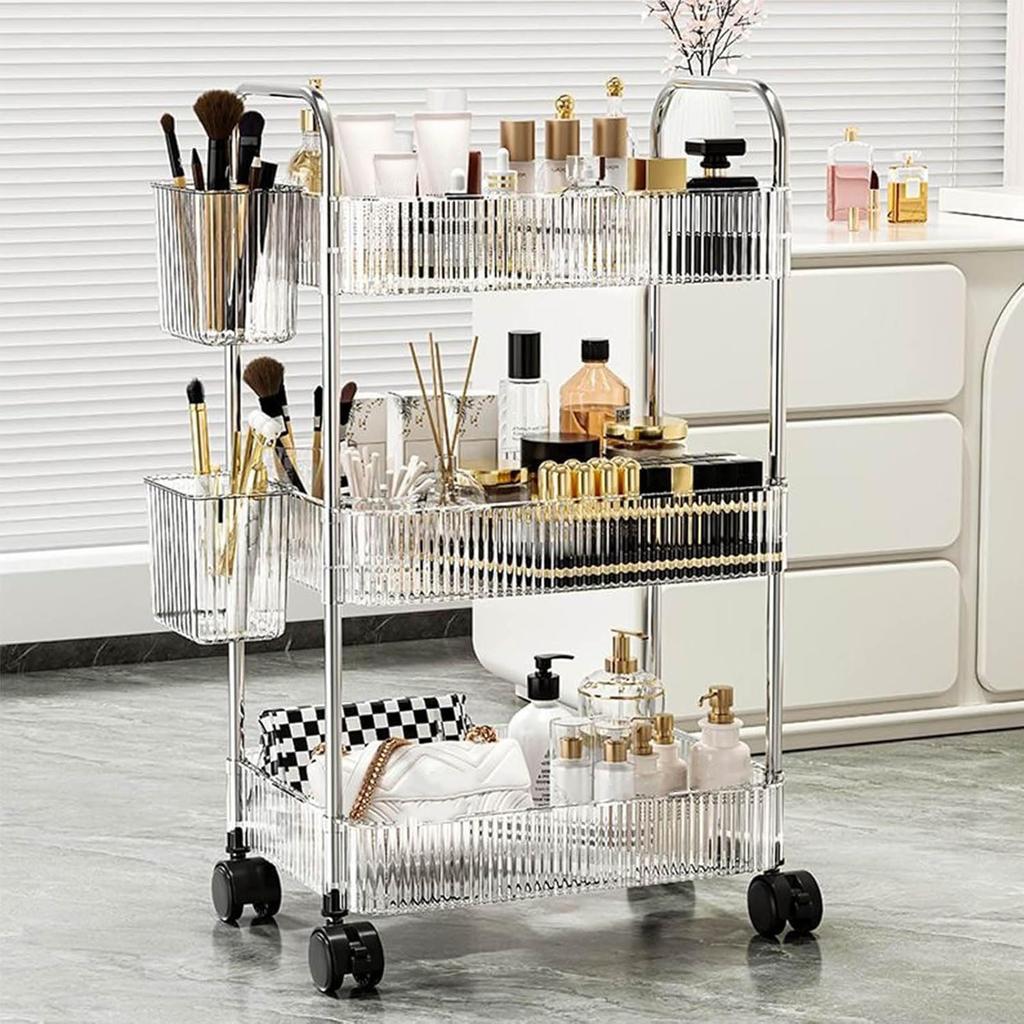 Acrylic Rolling Utility Cart, Clear Storage Carts with Wheels,Mobile Trolley Cart with Handle and 2 Hanging Baskets,Multifunctional Storage Organizer