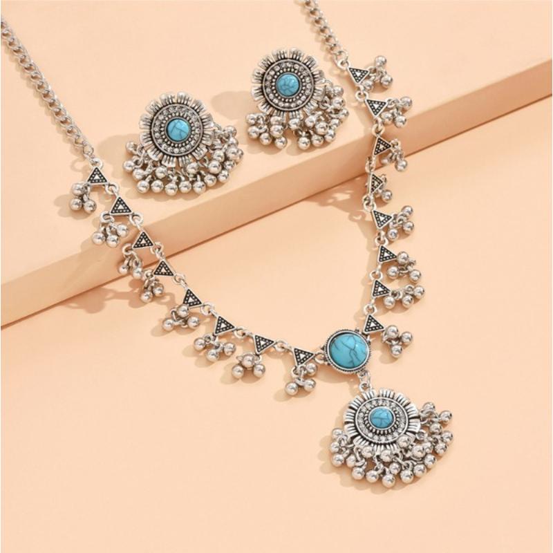 Vintage Ethnic Crystal Jewelry Sets For Women Ball Beads Tassel Choker Necklace Earrings