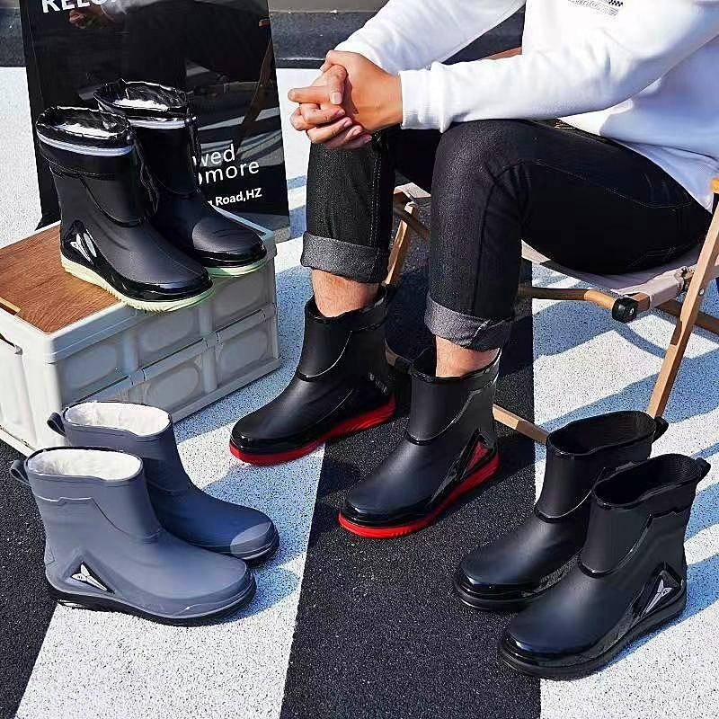 Fashion short tube thickened waterproof shoes men's rain shoes low-top warm work non-slip rain boots men