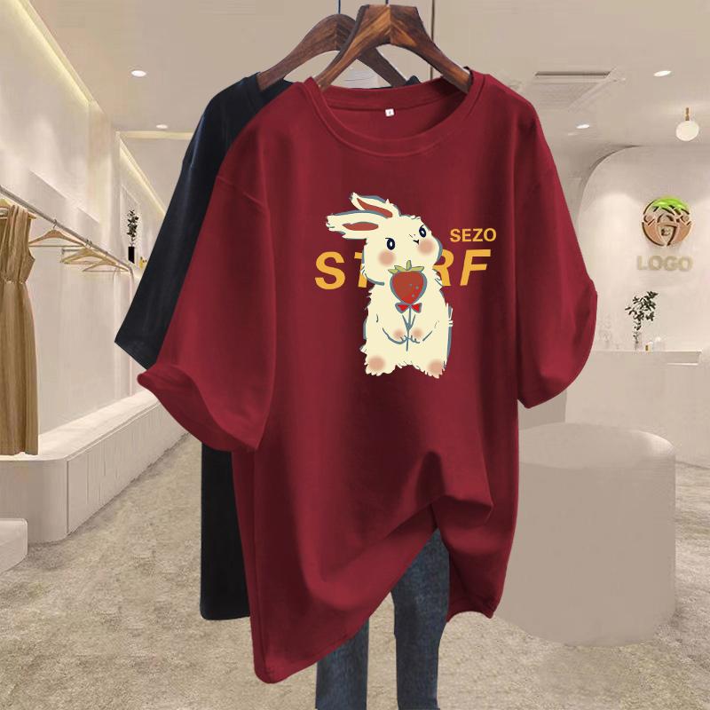 

Jujube red cotton inner shoulder short-sleeved T-shirt women s 2025 summer new large version loose unique top M S