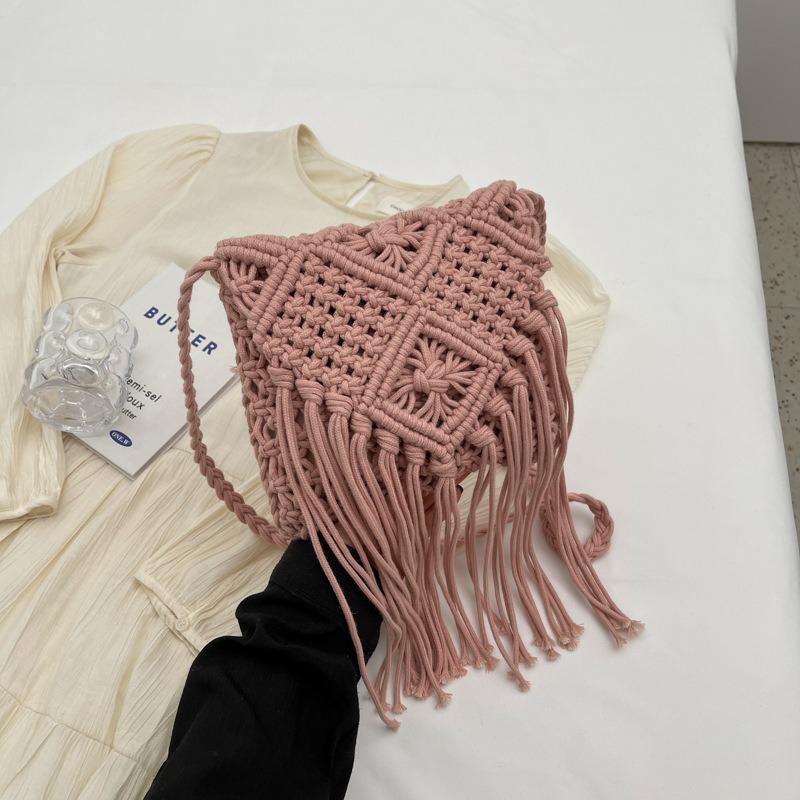 Trendy Single-shoulder Bag Summer Hollowed-out Woven Phone Bag Tassel Crossbody Bag