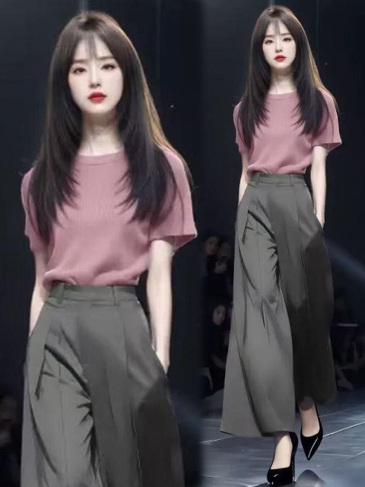 2026 Summer New Commuter Suit Women's T-Shirt Skinny Short Sleeve Top Wide Leg West Pants Temperament Two-piece Suit T
