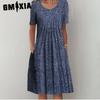 GMXIA 30 Color Pleated Midi Dress Short Sleeve Round Neck Loose Hem Mid-Calf Length Women Floral A-Line Party Dress Casual Wear
