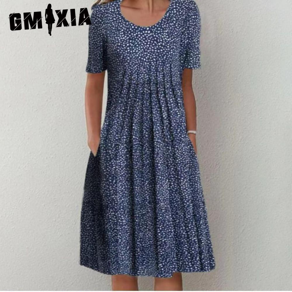 GMXIA 30 Color Pleated Midi Dress Short Sleeve Round Neck Loose Hem Mid-Calf Length Women Floral A-Line Party Dress Casual Wear