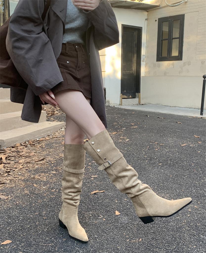 2025 autumn and winter new belt buckle pointed thick heel medium heel boots high boots casual suede over knee boots 2 wear type