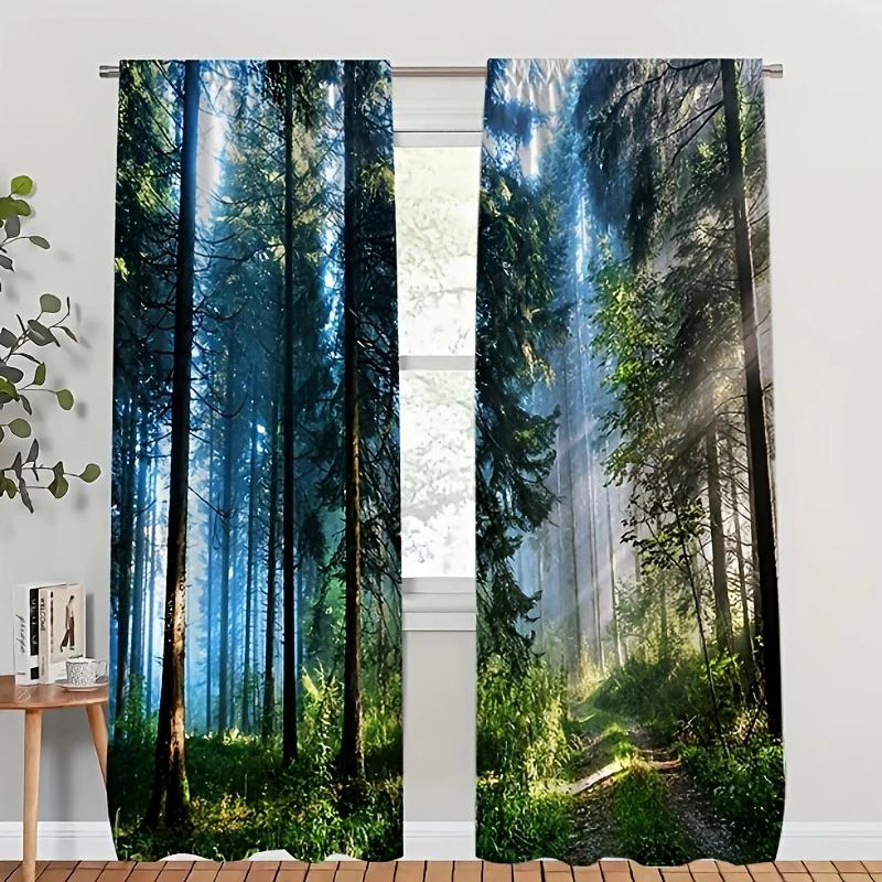 2PCS- Beautiful Forest Pattern Printed Curtains, Pole Bag Home Decoration, Room Decoration