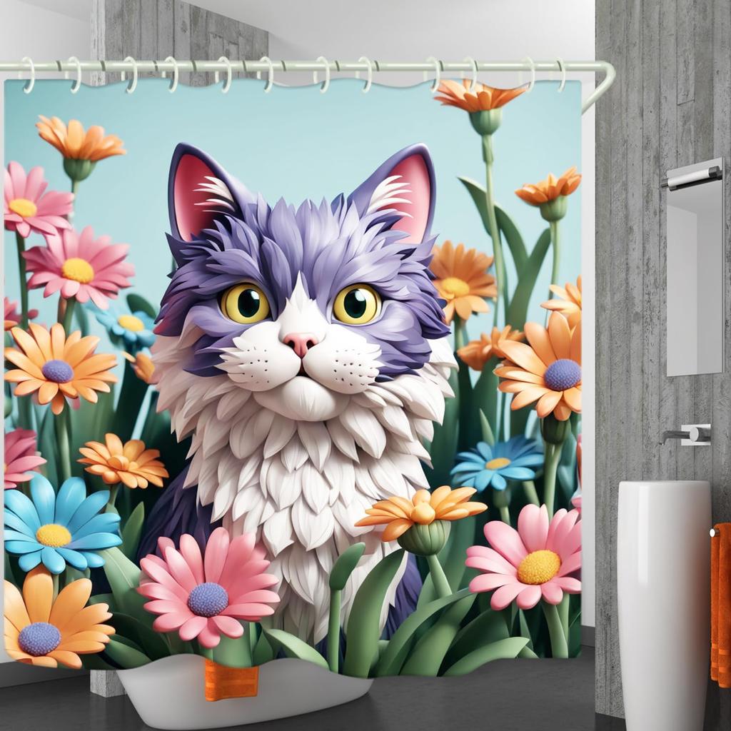 Bathroom with Purplish White Cat 3D Shower Curtain, Luxury Bathtub Standard Shower Curtain, Waterproof and Bright Fabric Shower
