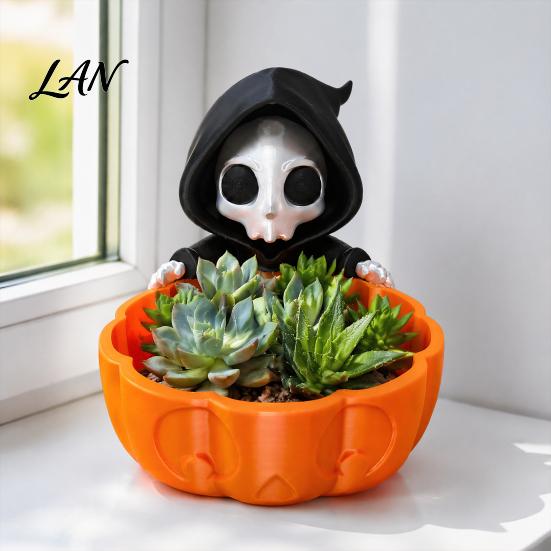 Großes Fassungsvermögen Kürbis-Schlitz Halloween Süßigkeitenschale, 3D-gedruckter Sensenmann Snackhalter Schale, Gruselige Schale Skelett Servierschale für Zuhause, Büro, Schreibtisch,