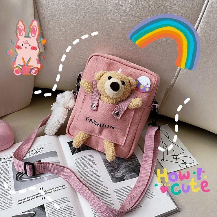 Adorable Korean Style Canvas Shoulder Bag With Cartoon Bear For Everyday Use розовый