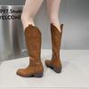 New Boots Women's New Embroidery Side Zipper Western Cowboy Boot Female Brown Retro Chunky Heel Long Boots Zapatos Mujer