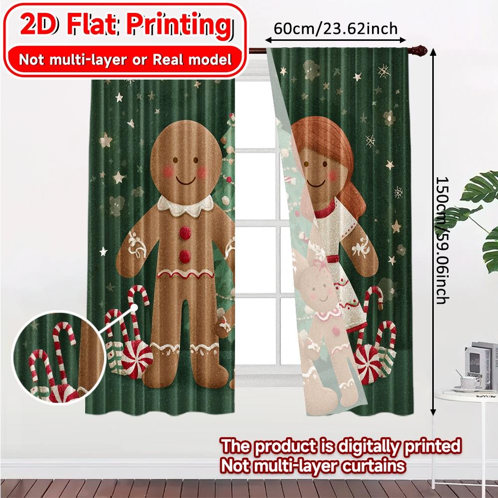 2D Flat Printing  2pcs Gingerbread Joy Chic Chic Curtain Durable Polyester Curtains Home Decor Suitable for Bedroom & Living Room