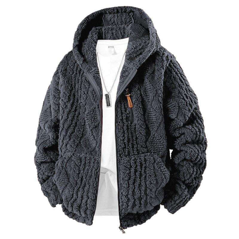 Men's European Size Hooded Fleece Zipper Jacket - Trendy Autumn/Winter Imitation Lamb Wool Coat