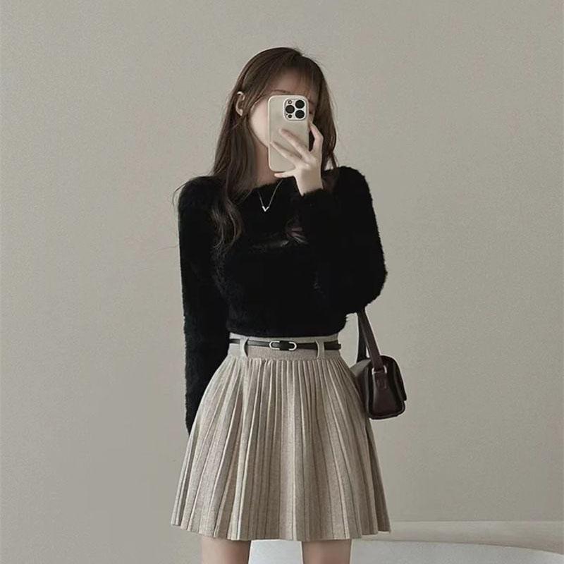 Autumn Winter Knitted Pleated Skirts Women Korean Fashion High Waist A-Line Skirts Ladies Elegant Streetwear Gray Skirt