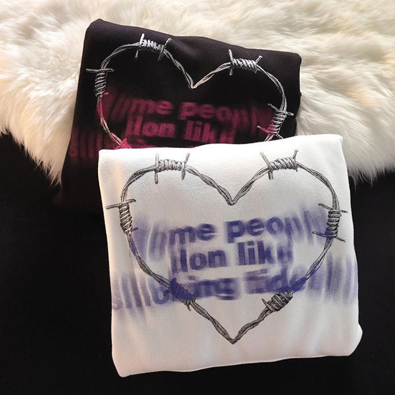 Hanorac pentru femei, punk, gotic, lanț, imprimat cu inimă, hanorace, îmbrăcăminte de stradă supradimensionată, hip hop, trening alb, haine de top pentru femei