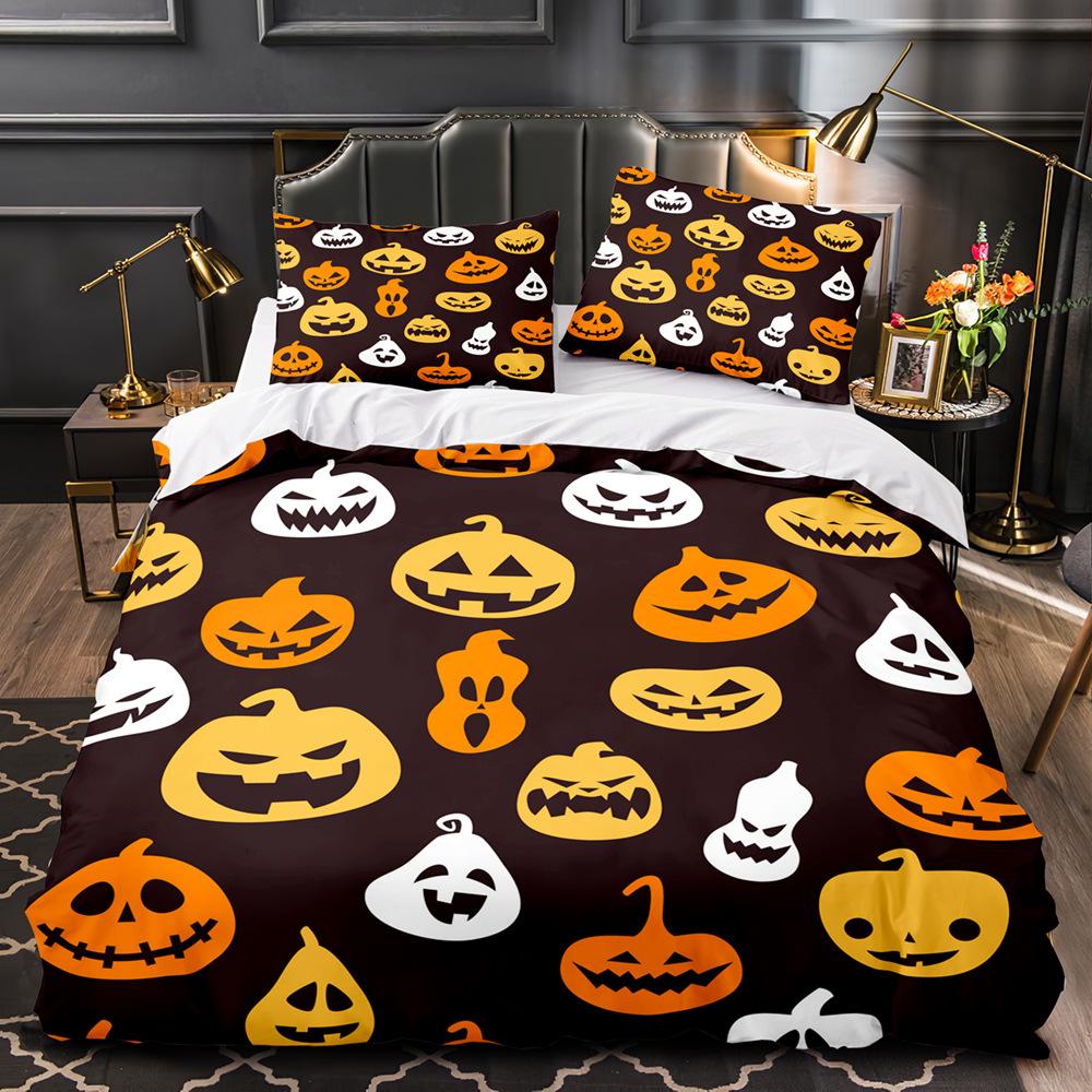 Vintage Halloween Duvet Cover Set, Halloween Cartoon Jack O' Lantern Tombstone Skulls and Bones 2/3pcs Polyester Bedding Set