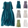 Vintage Style Accordion Pleated Dress V Neck Linen Blend Long Dress Women Lightweight Breathable Casual Loose Fit Dress