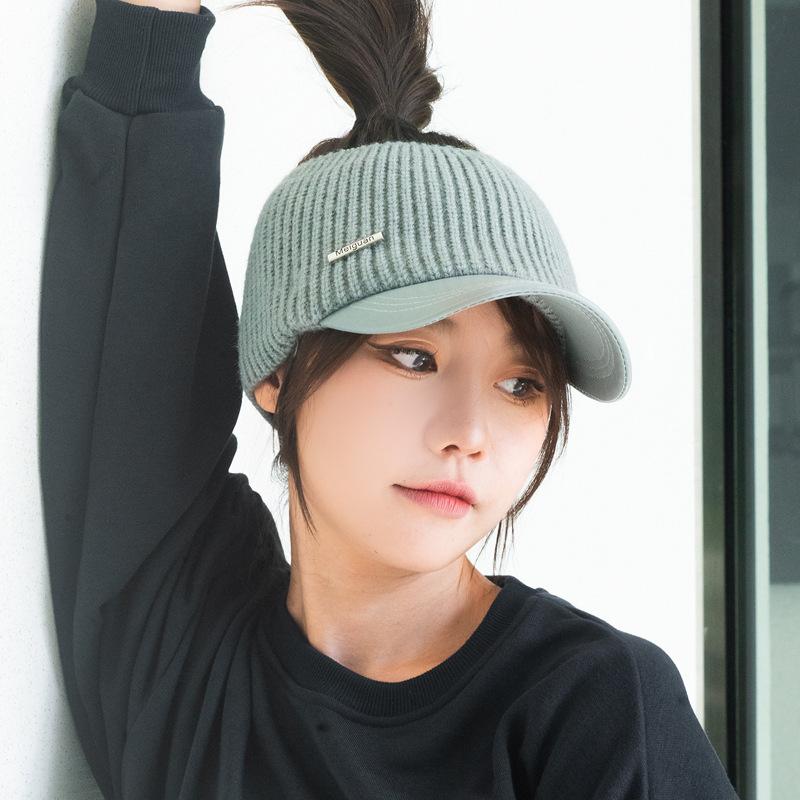 

New knitted empty top hat women s autumn and winter warm cap leather brim shows the face small outdoor cycling sports baseball cap tide One size fits all