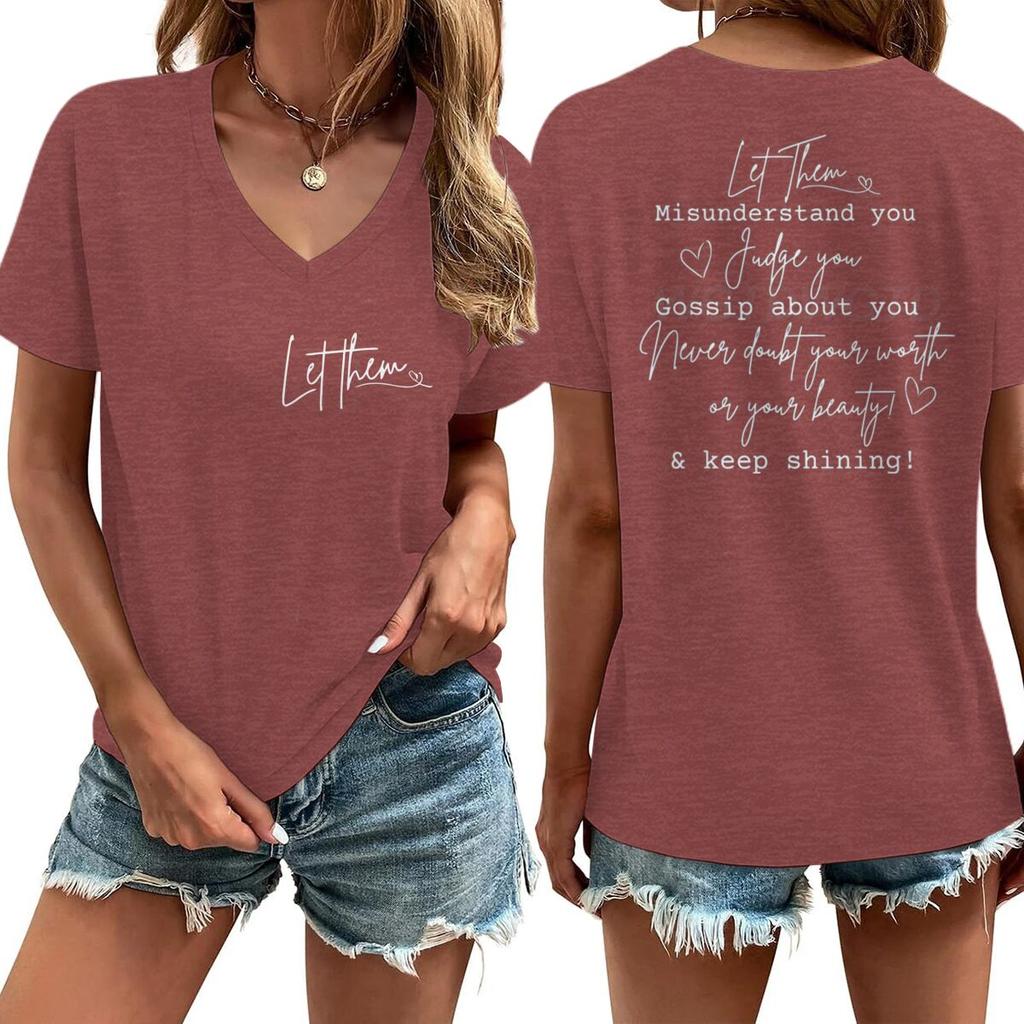 Let Them Letter Print Vneck Short Sleeve Soft Tee Inspirational Quotes Gift for Women Casual Positive Quotes Women Tshirts