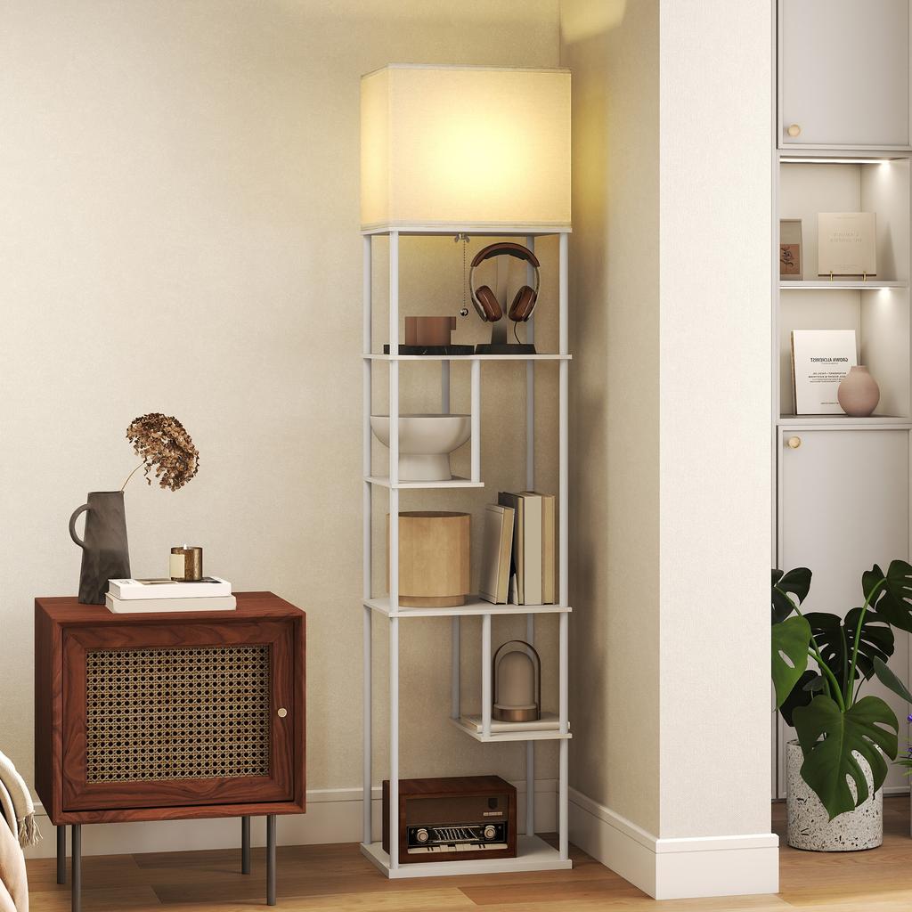 Floor Lamp with Shelves, 3000K-6500K, Remote Control, E27 Bulb, White
