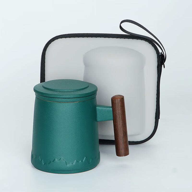 Cha Xun Green Ceramic Office Tea Cup with Wood Handle & Filter Gift Set