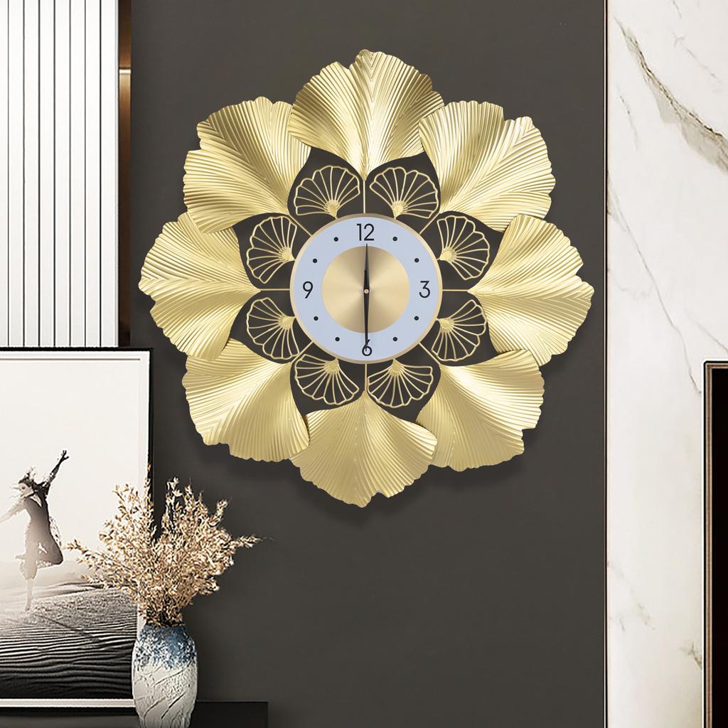 Scandinavian Gold Ginkgo Leaf Wall Clock, 30cm Silent Non-Ticking Battery Operated, Luxury Home Office Decor