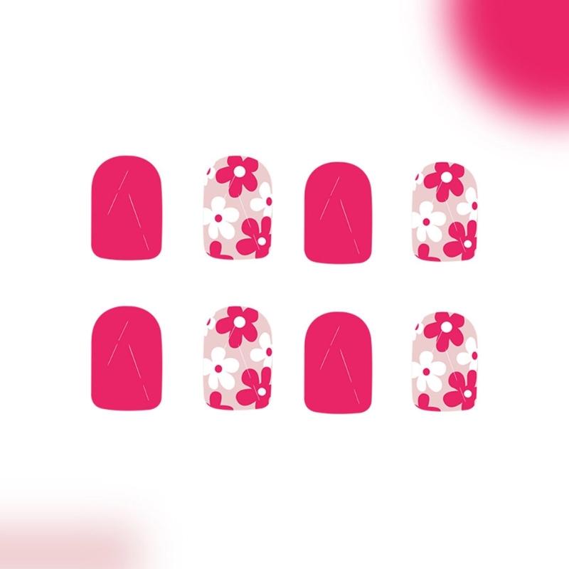 24 Pcs Short Square Press On Nail Flowers False Nail Glossy Nail Tips Full Cover Stick On Nail Acrylic Nail for Woman