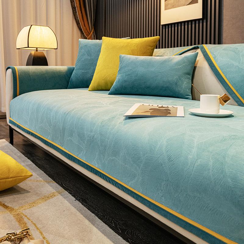 Sofaovertrekk Jacquard Kort Plysj Stue Sofahåndkle Fire Sesonger Sklisikkert Støvtett Møbelbeskyttelsesdeksel Gul Kant