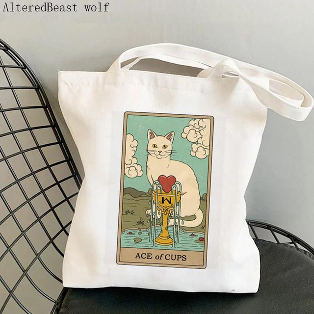 Dam Shopper bag katt Månen Tarot Tryckt Kawaii Väska Harajuku Shopping Canvas Shopper Bag flicka handväska Tote Axel Damväska