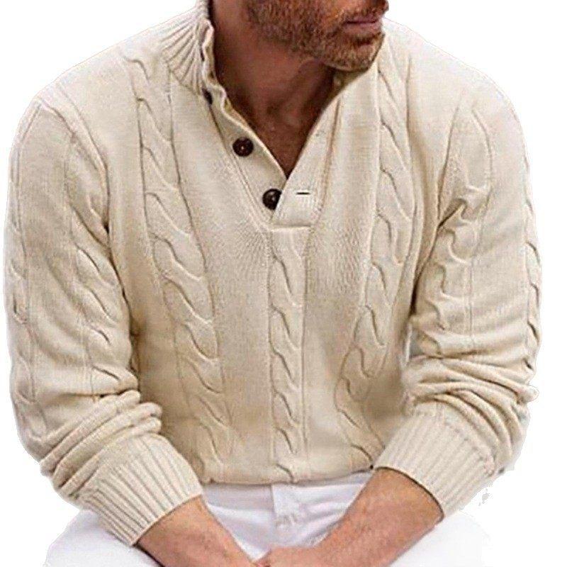Spring and Autumn New Men's Clothing American-Style Button-Up Stand-Up Collar Knitwear Casual Cable Knit Solid Color Pullover Sweater Sy0017