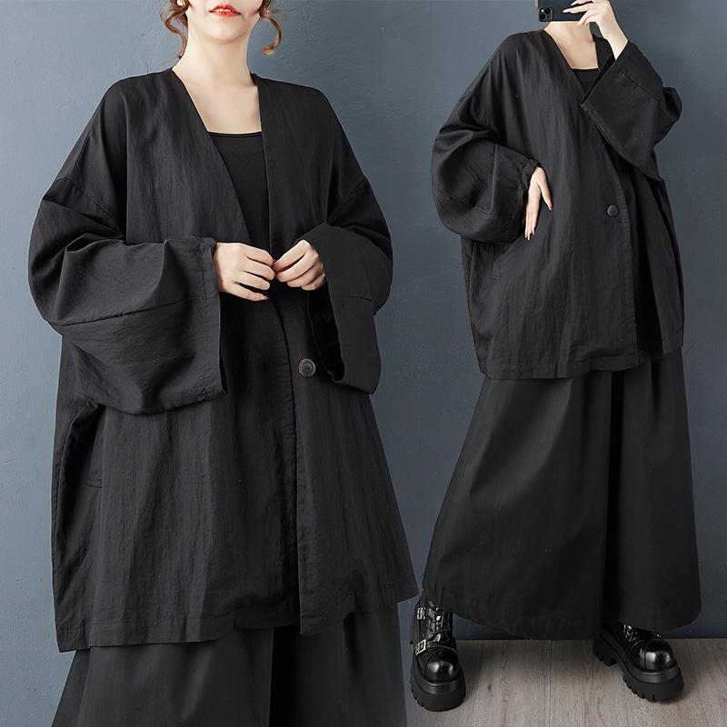 DIMANAF 2025 Plus Size Autumn Winter Women Plus Size Coat Long Sleeve Jackets Casual Loose Outerwear Black