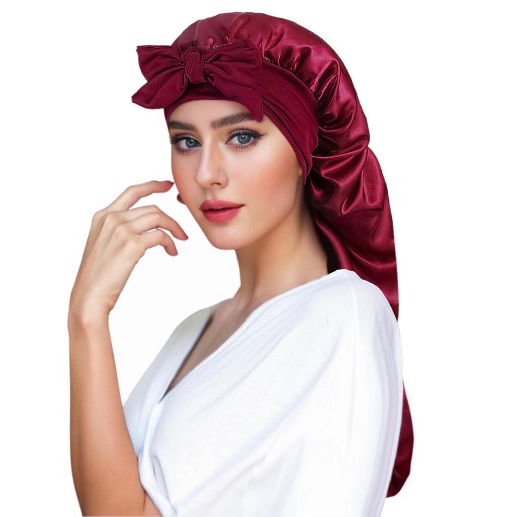 Satin Bow Tie Long Stocking Nightcap Headscarf for Long Hair Protection