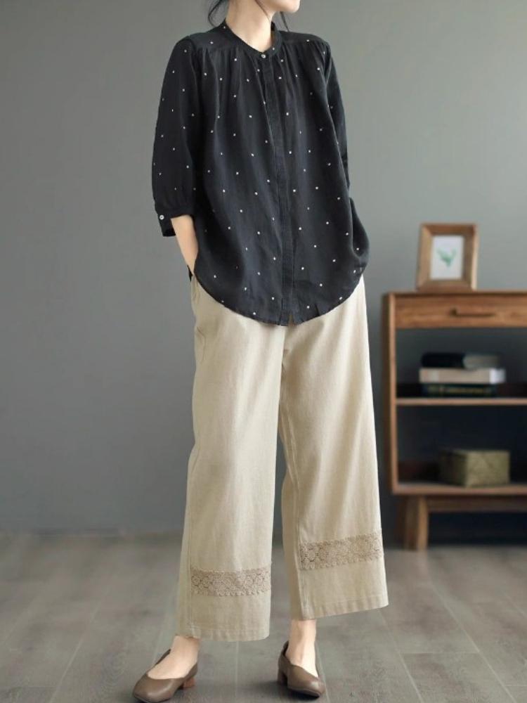 2025 Eleganckie Krótkie Bawełniane Spodnie Proste Damskie Retro Duży Rozmiar Luźne Spodnie z Panelami z Koronki Wiosna Lato Casual Szerokie Nogawki