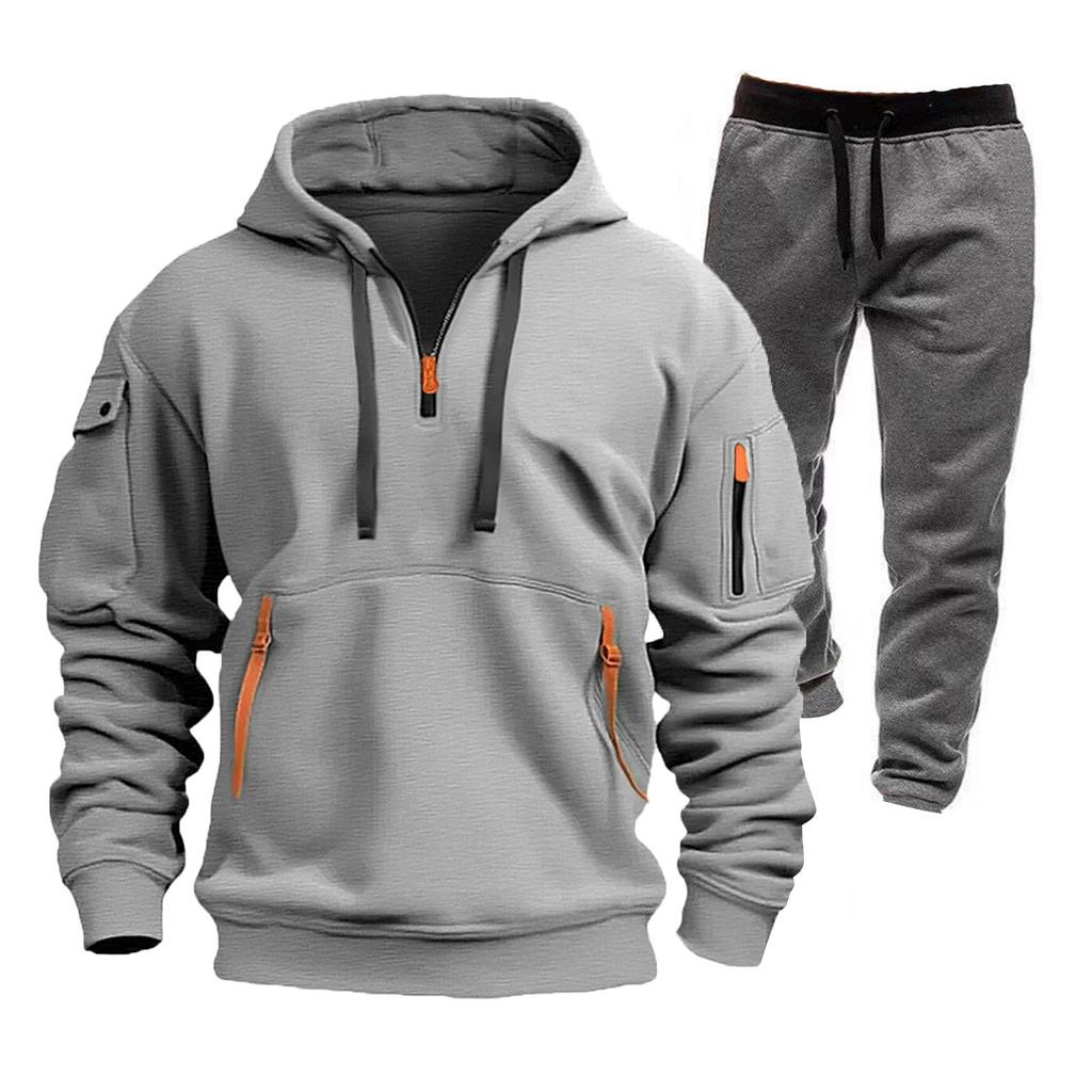 Men's Winter Fleece Multi-pocket Zipper Sweatshirt Suit Personalized Casual Hoodie Suit