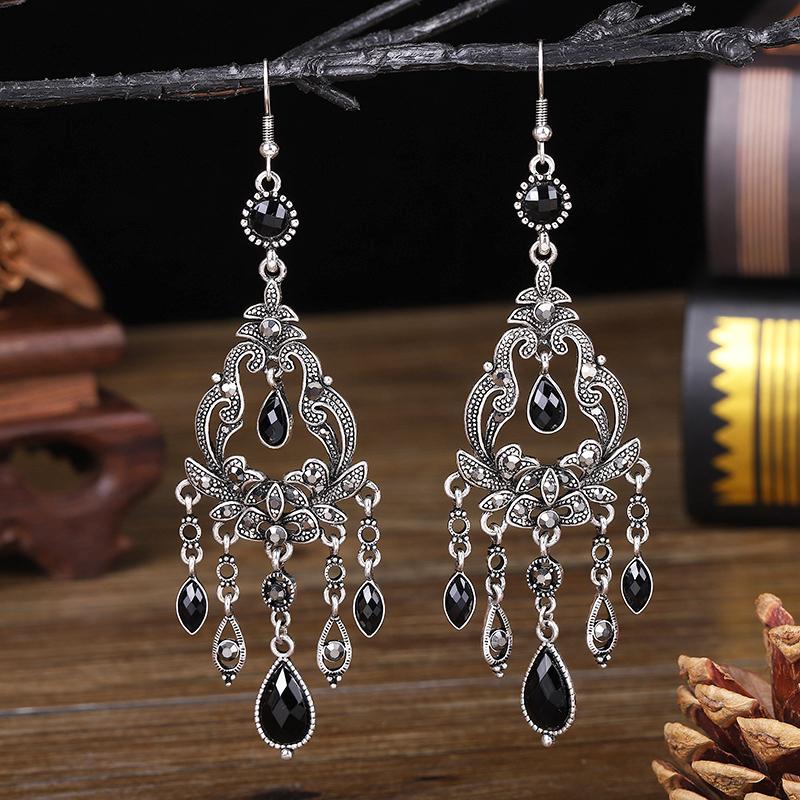 Vintage Ethnic Rhinestone Long Earrings Light Luxury Texture Flower Shaped Water Drop Earrings for Women Retro Jewelry Gift