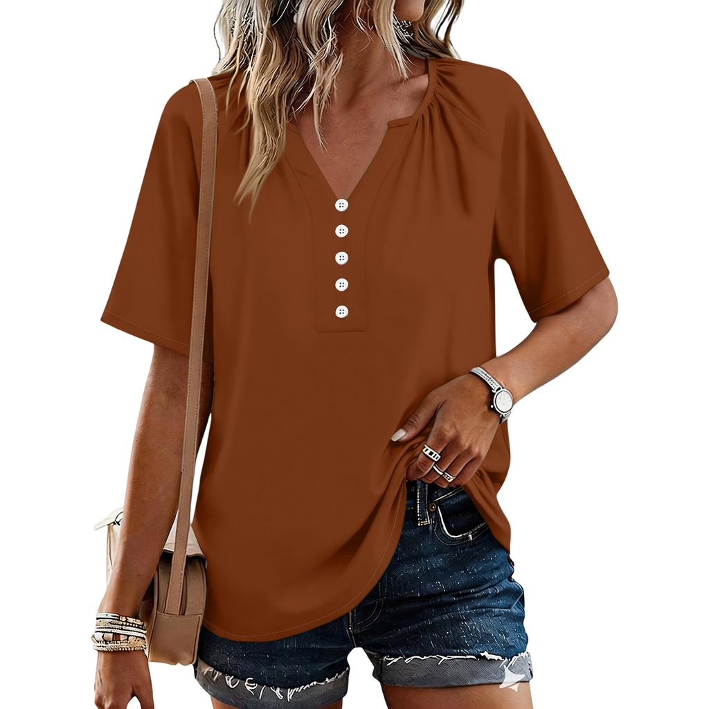 Modisches Lässiges Damen Oberteil mit Knopfleiste und V-Ausschnitt, kurzärmlig