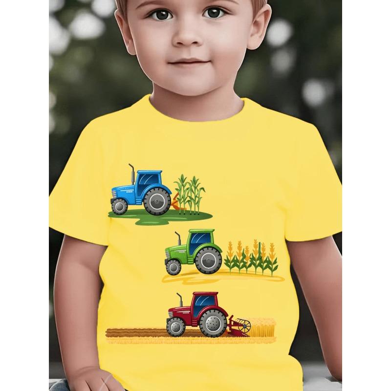 Boy Crewneck Short Sleeve T-Shirt, Cartoon Tractor Harvester Print Green Blue Red Casual Tee
