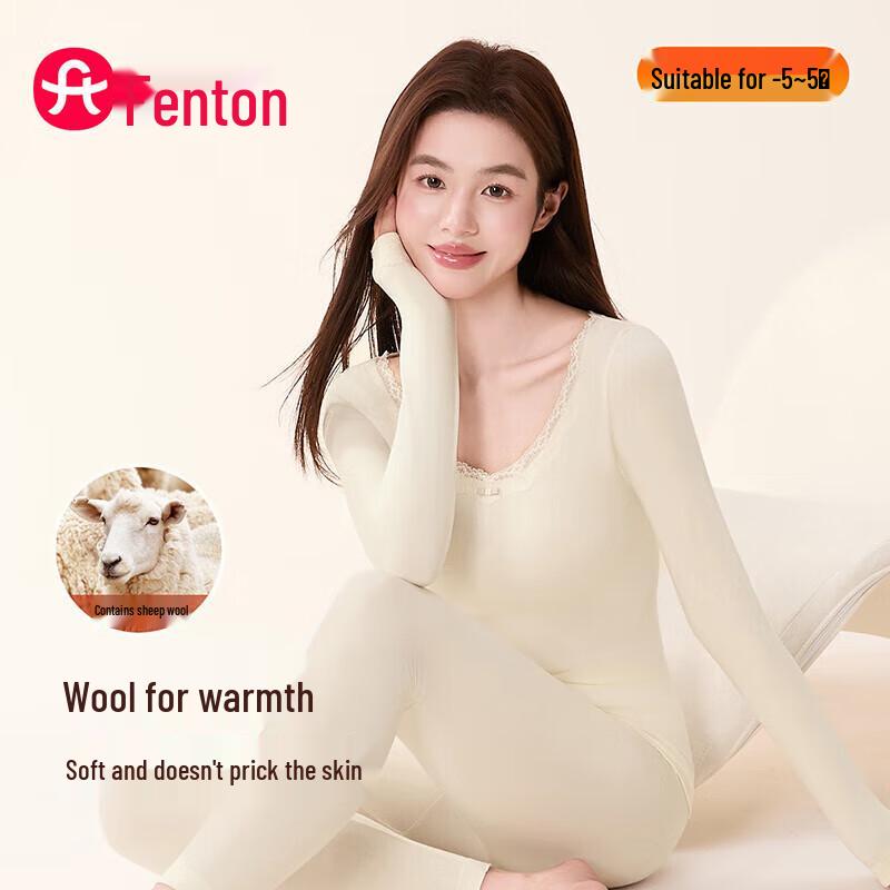 Fenteng Women's Lace-Trimmed Lamb Wool Thermal Underwear Set