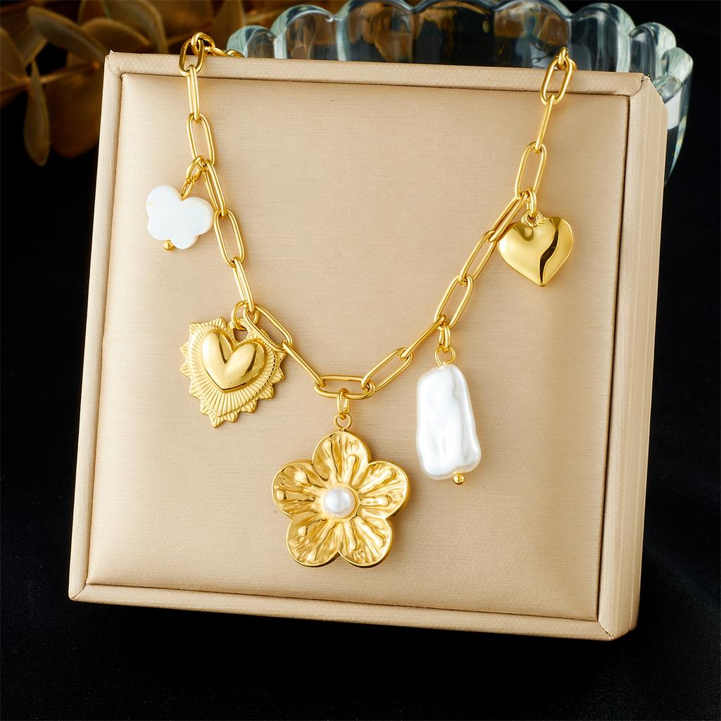 316L Edelstahl Perlmutt Inlay Blume Schmetterling Herz Anhänger Halskette Damen Klassisch Faszinierend Halskette Schmuck