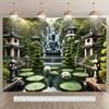 Buddha Waterfall Tapestry, Zen Garden with Pagodas and Lotus Pond, Spiritual Scenery Wall Hanging for Home Meditation Room Decor