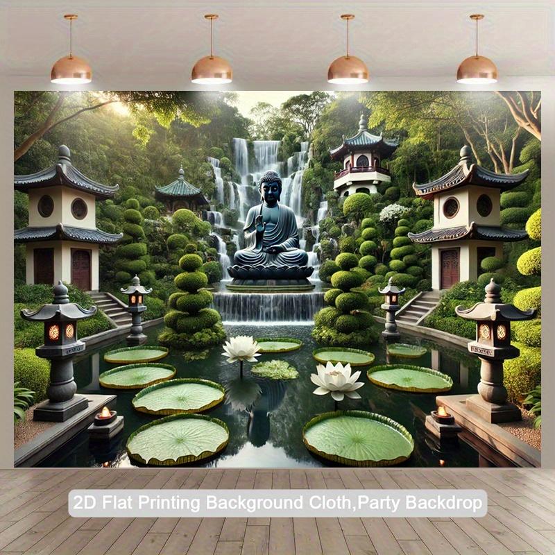 Buddha Waterfall Tapestry, Zen Garden with Pagodas and Lotus Pond, Spiritual Scenery Wall Hanging for Home Meditation Room Decor