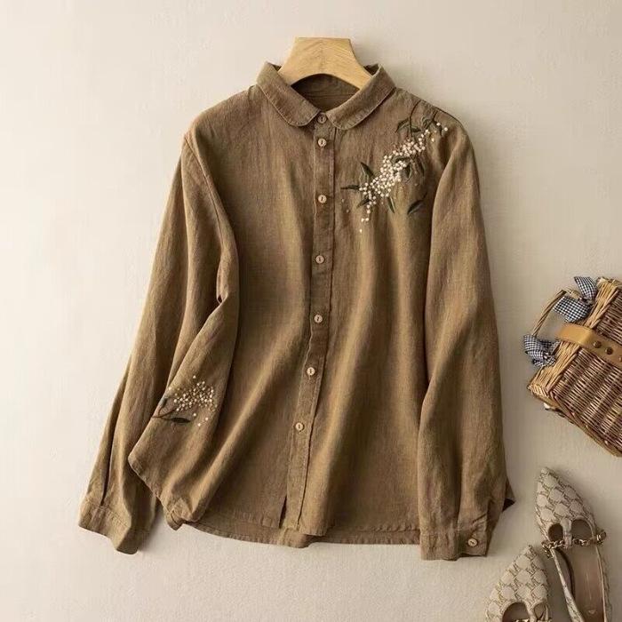 Hong Kong Style Embroidered Cotton Linen Shirt - Artistic Retro Casual Top for Women, Spring/Autumn 2025.