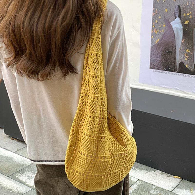 Yogodlns Retro Knitted Net Bag Shoulder Tote Beach Holiday Women's Bag Weaving Art Style Casual Minimalist Polyester Handbags