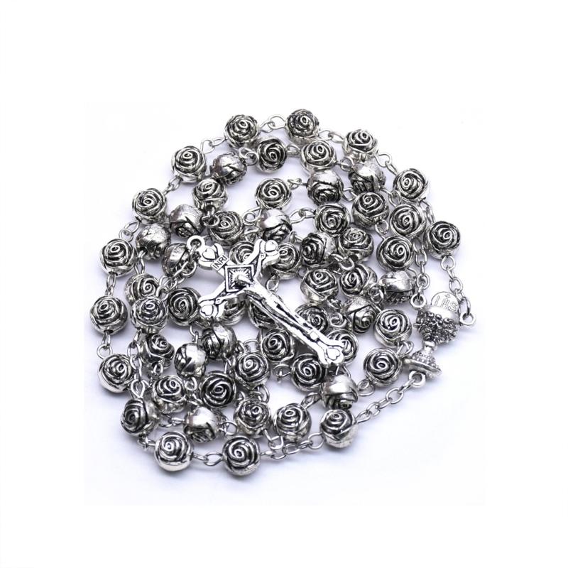 Catholic Rose Rosary Necklace Cross Pendant Beaded Necklaces Religious Jewelry