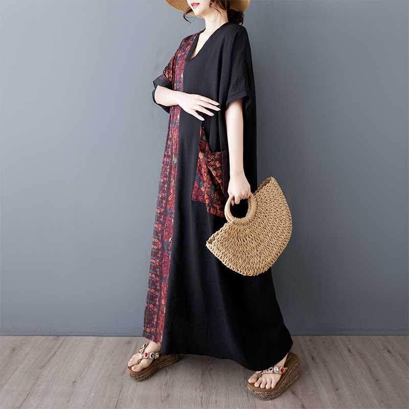 Summer Women's Cotton and Linen V-neck Short Sleeved Long Dress