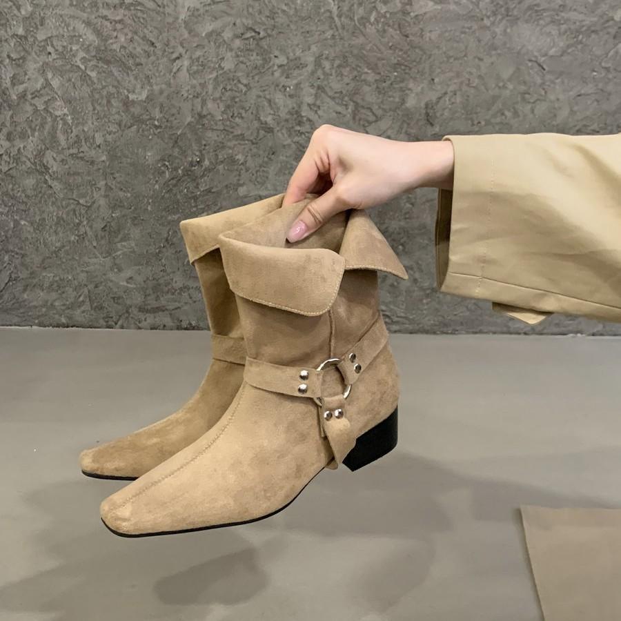 2025 New European and American Small Square Head Metal Buckle Thick Heel Short Boots Women's Fashion Suede Western Boots Medium Boots Short Boots
