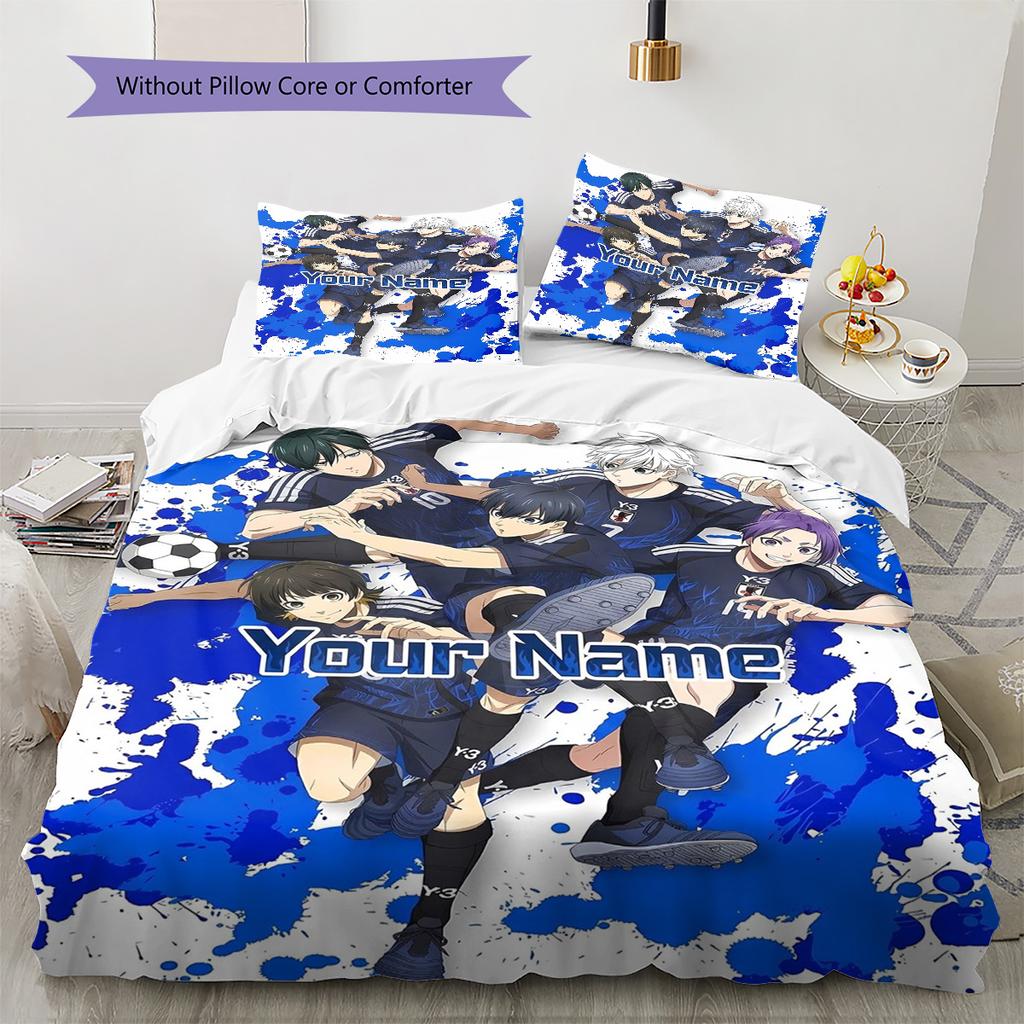 Blue Lock Soccer Custom Name Pattern Bedding Quilt Set Quilt Cover Pillowcase Home Birthday Gift(1 * Duvet Cover + 2 * Pillowcase, Without Core)