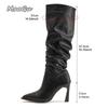 Pointed Toe High Heel Pleated Fashion Boots Women'S Plus Size 35-42 Leather Black Stiletto Boots Elegant Knee High Botas Mujer