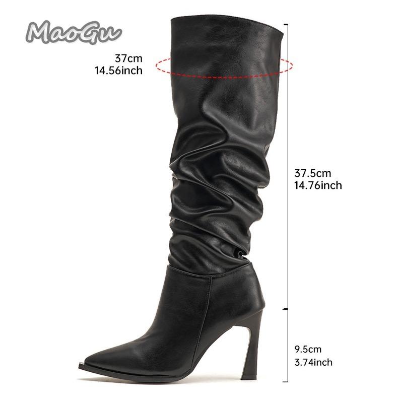 Pointed Toe High Heel Pleated Fashion Boots Women'S Plus Size 35-42 Leather Black Stiletto Boots Elegant Knee High Botas Mujer