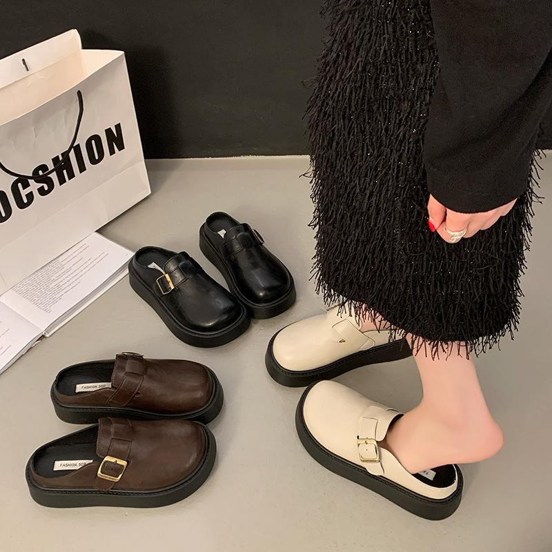 British style heightened platform Boken bag head slippers women 2025 new spring one-pedal small leather shoes half slippers women