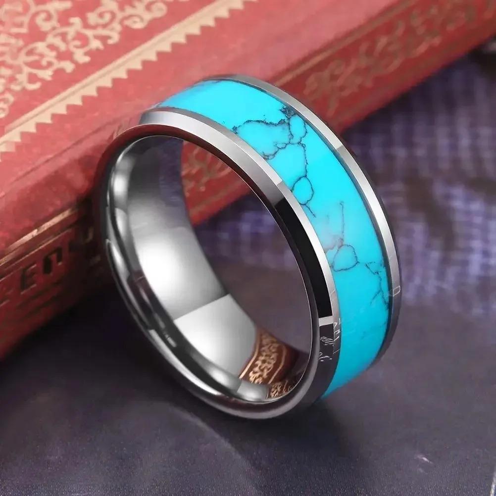 Fashion 8mm Men Stainless Steel Rings Inlay Blue turquoise Rings For Men Women Wedding Engagement Band Jewelry Gift